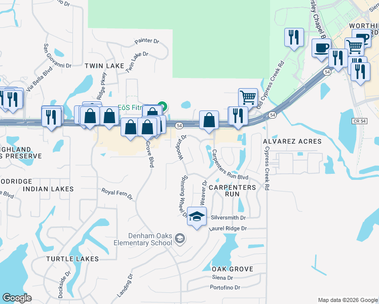 map of restaurants, bars, coffee shops, grocery stores, and more near 1821 Sawhorse Court in Lutz