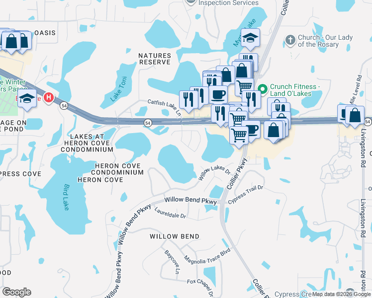 map of restaurants, bars, coffee shops, grocery stores, and more near 22813 Saint Thomas Circle in Lutz