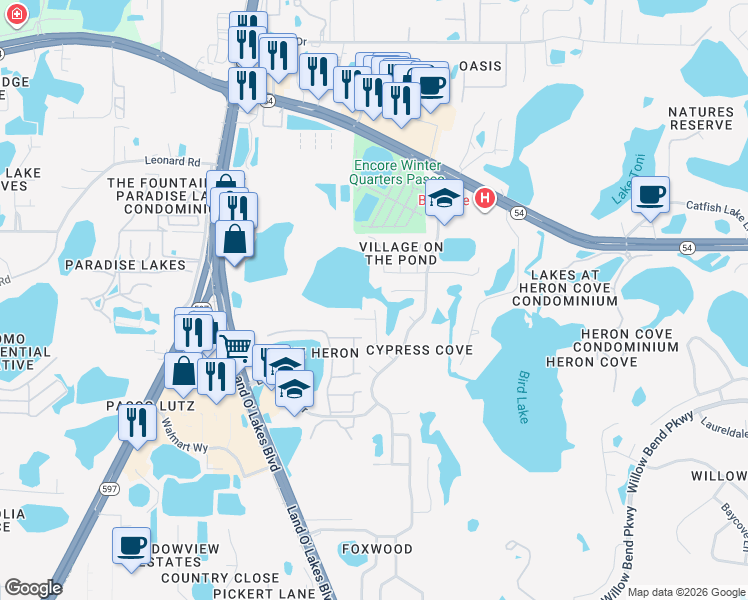 map of restaurants, bars, coffee shops, grocery stores, and more near 1742 Pintail Court in Lutz