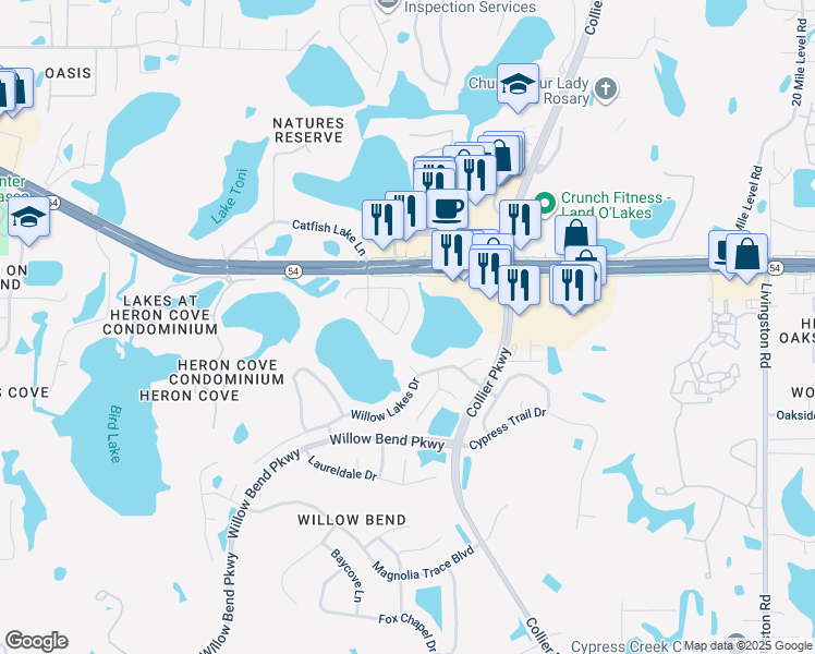 map of restaurants, bars, coffee shops, grocery stores, and more near 22723 Saint Thomas Circle in Lutz