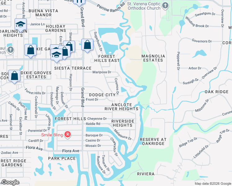 map of restaurants, bars, coffee shops, grocery stores, and more near 1711 Cosmos Drive in Holiday