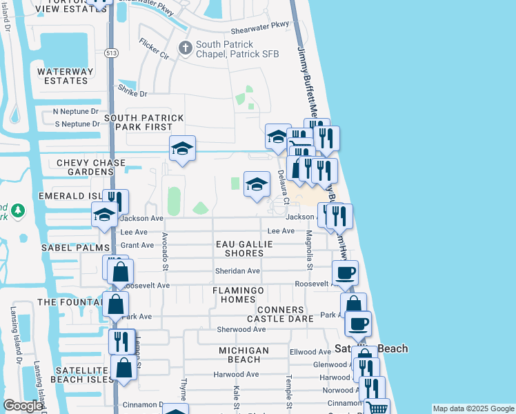map of restaurants, bars, coffee shops, grocery stores, and more near 300 Jackson Avenue in Satellite Beach