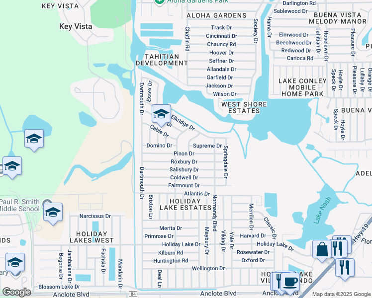 map of restaurants, bars, coffee shops, grocery stores, and more near 3304 Pinon Drive in Holiday