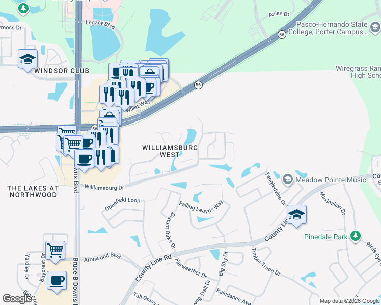 map of restaurants, bars, coffee shops, grocery stores, and more near 28545 Twinbrook Lane in Wesley Chapel