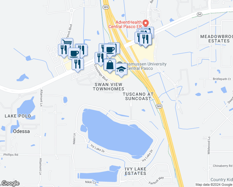 map of restaurants, bars, coffee shops, grocery stores, and more near 16348 Rolling Brook Drive in Odessa