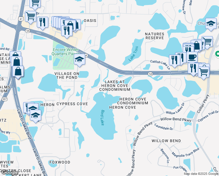 map of restaurants, bars, coffee shops, grocery stores, and more near 1725 Hammocks Avenue in Lutz