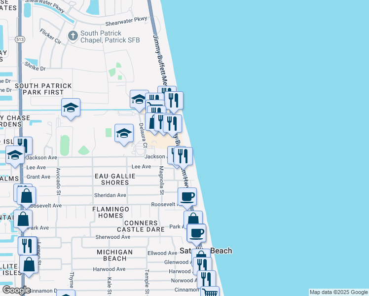 map of restaurants, bars, coffee shops, grocery stores, and more near 1095 Florida A1A in Satellite Beach