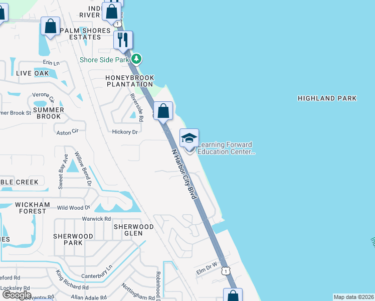 map of restaurants, bars, coffee shops, grocery stores, and more near 4635 U.S. 1 in Melbourne