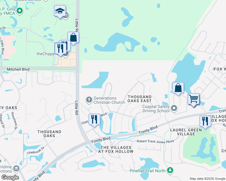 map of restaurants, bars, coffee shops, grocery stores, and more near 1746 Regal Mist Loop in Trinity