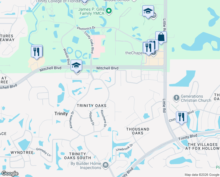 map of restaurants, bars, coffee shops, grocery stores, and more near 1809 Kinsmere Drive in Trinity