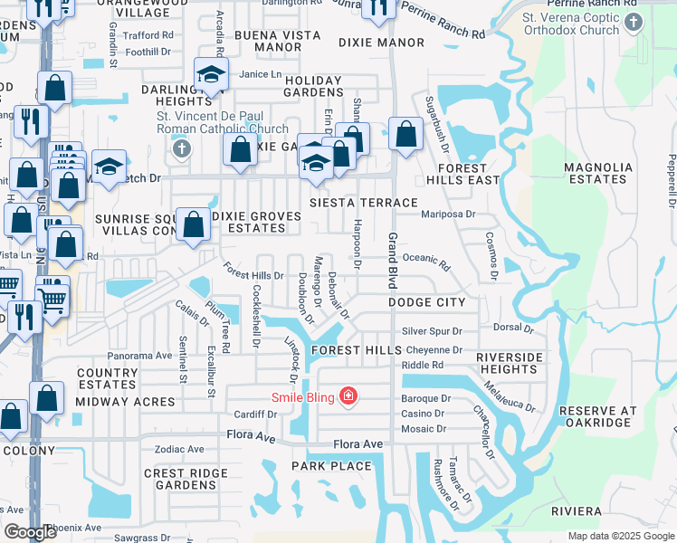 map of restaurants, bars, coffee shops, grocery stores, and more near 5321 Forest Hills Drive in Holiday
