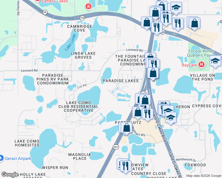 map of restaurants, bars, coffee shops, grocery stores, and more near 1735 Cupecoy Circle in Lutz