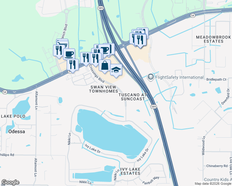 map of restaurants, bars, coffee shops, grocery stores, and more near 1735 Crossing Boulevard in Odessa