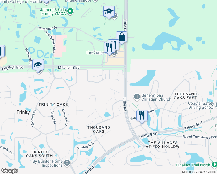 map of restaurants, bars, coffee shops, grocery stores, and more near 8817 Wavyedge Ct in Trinity