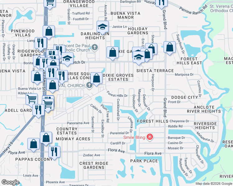 map of restaurants, bars, coffee shops, grocery stores, and more near 1651 Colmar Drive in Holiday