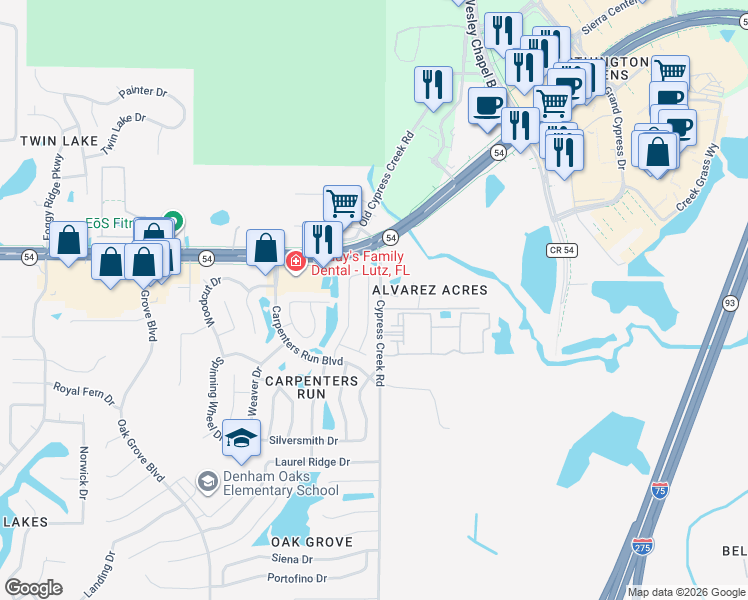 map of restaurants, bars, coffee shops, grocery stores, and more near 1900 Kettler Drive in Lutz