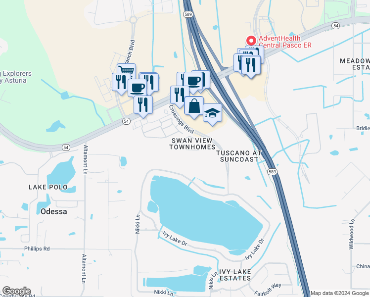 map of restaurants, bars, coffee shops, grocery stores, and more near 16526 Swan View Circle in Odessa