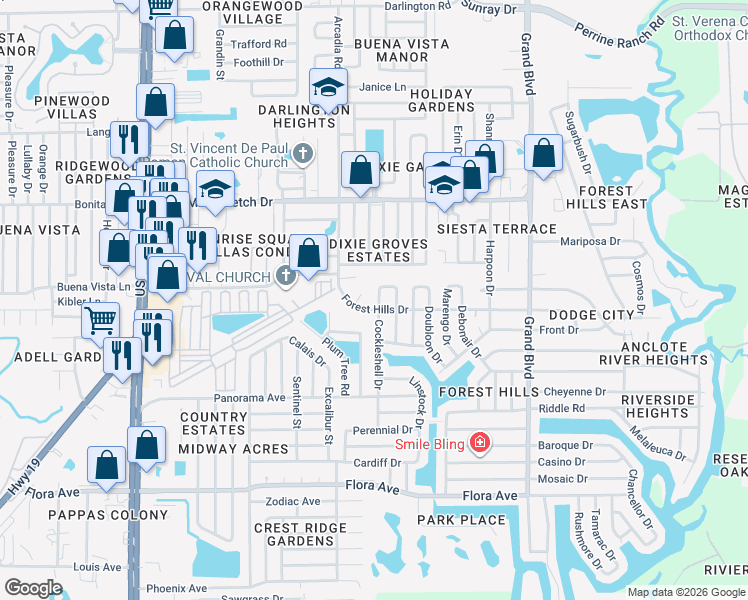 map of restaurants, bars, coffee shops, grocery stores, and more near 1725 Cockleshell Drive in Holiday