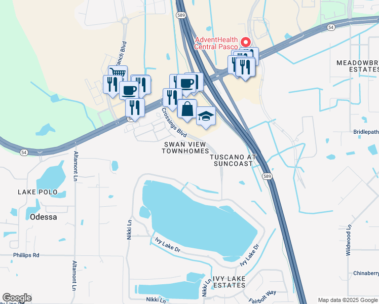map of restaurants, bars, coffee shops, grocery stores, and more near 16340 Swan View Circle in Odessa