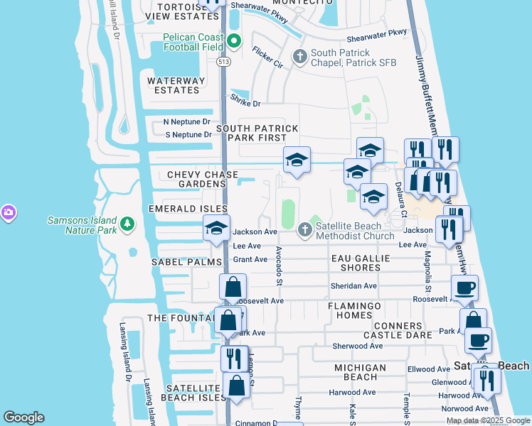 map of restaurants, bars, coffee shops, grocery stores, and more near 65 Sunset Street in Satellite Beach