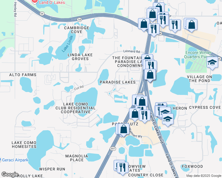 map of restaurants, bars, coffee shops, grocery stores, and more near 1849 Abrico Drive in Lutz