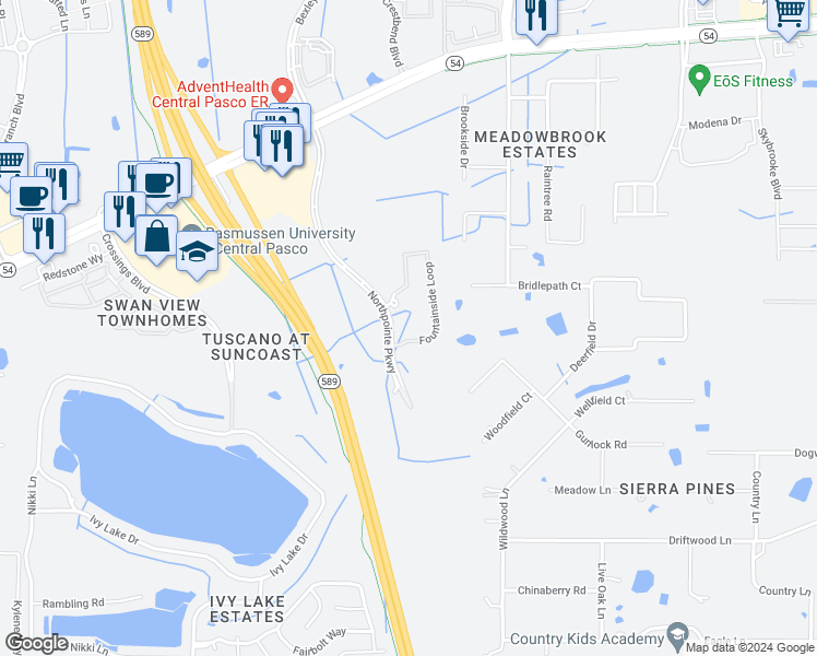 map of restaurants, bars, coffee shops, grocery stores, and more near 17436 Northpointe Parkway in Lutz