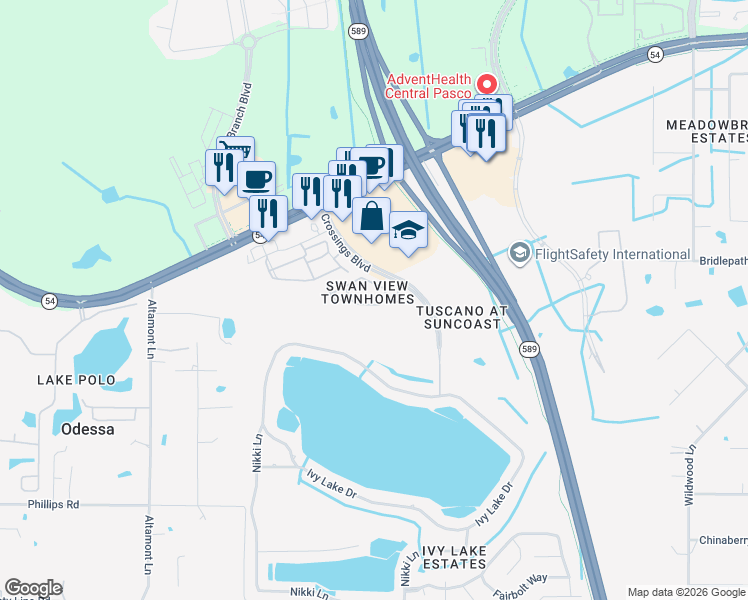 map of restaurants, bars, coffee shops, grocery stores, and more near 16345 Swan View Circle in Odessa