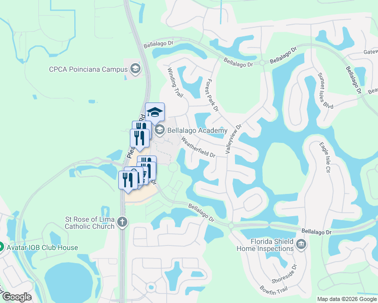 map of restaurants, bars, coffee shops, grocery stores, and more near 3616 Weatherfield Drive in Kissimmee