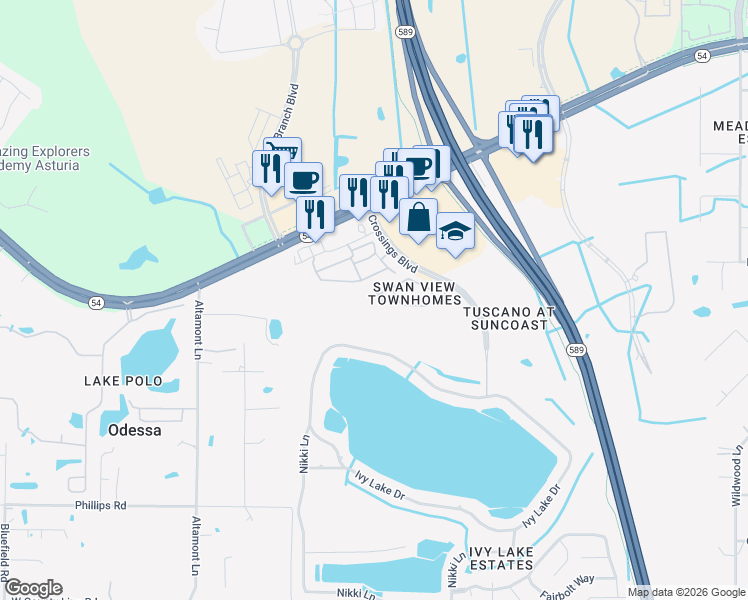 map of restaurants, bars, coffee shops, grocery stores, and more near 16557 Swan View Circle in Odessa