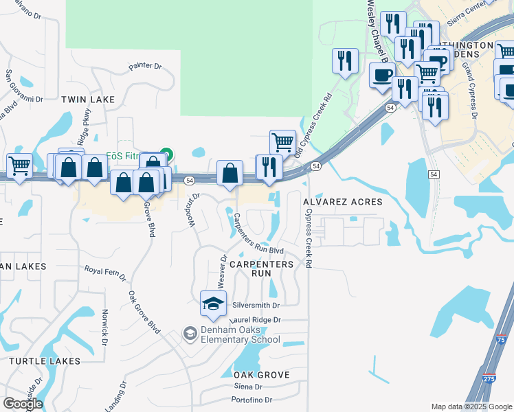 map of restaurants, bars, coffee shops, grocery stores, and more near 1824 Tinsmith Circle in Lutz