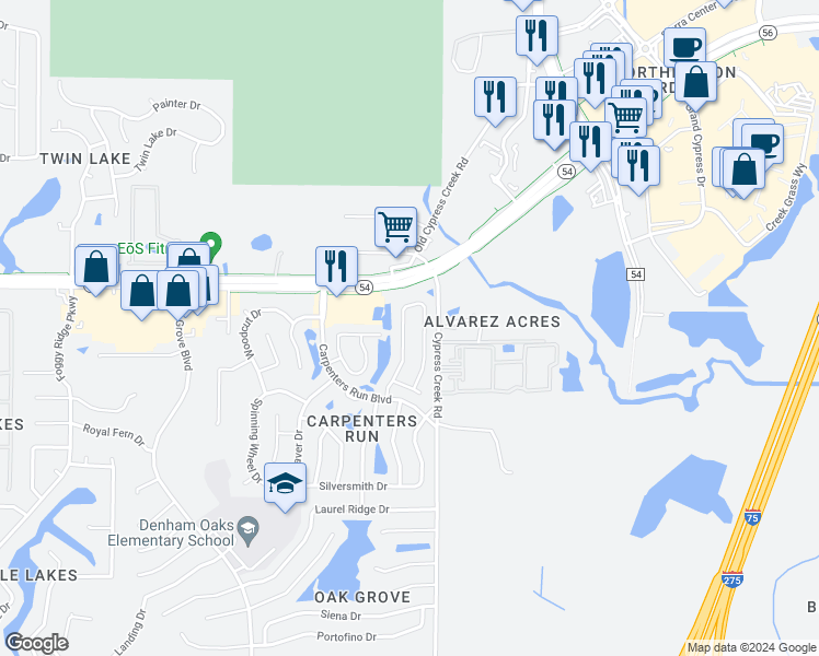 map of restaurants, bars, coffee shops, grocery stores, and more near 1904 Tinker Drive in Lutz