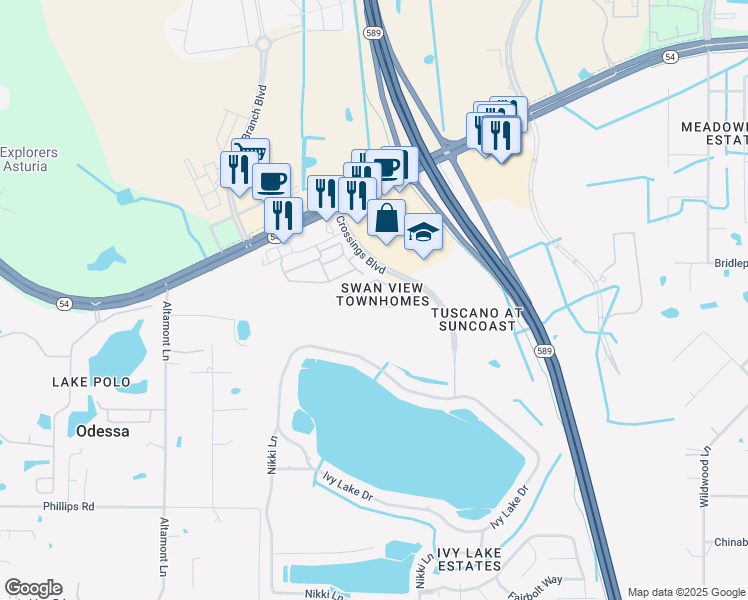 map of restaurants, bars, coffee shops, grocery stores, and more near 16300 Swan View Circle in Odessa