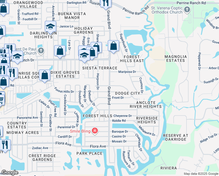 map of restaurants, bars, coffee shops, grocery stores, and more near 1729 Grand Boulevard in Holiday