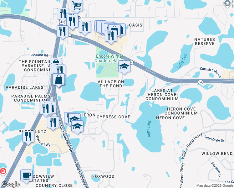 map of restaurants, bars, coffee shops, grocery stores, and more near 21635 Rosewood Court in Lutz
