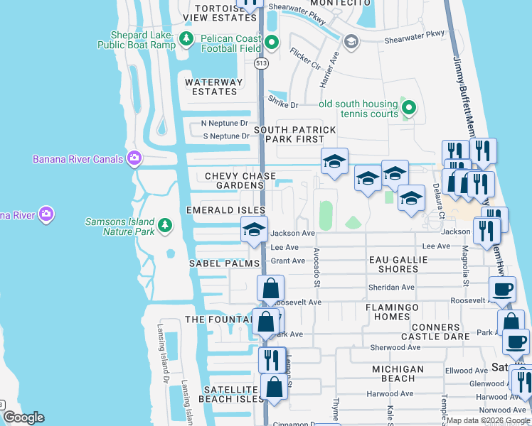 map of restaurants, bars, coffee shops, grocery stores, and more near 1071 South Patrick Drive in Satellite Beach