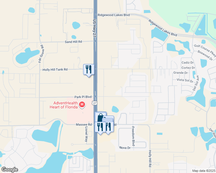 map of restaurants, bars, coffee shops, grocery stores, and more near 2012 Holly Hill Fruit Road in Davenport