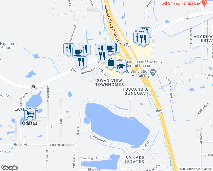 map of restaurants, bars, coffee shops, grocery stores, and more near 16300 Swan View Circle in Odessa