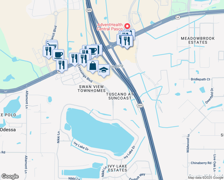 map of restaurants, bars, coffee shops, grocery stores, and more near 16501 Harper Pond Lane in Odessa