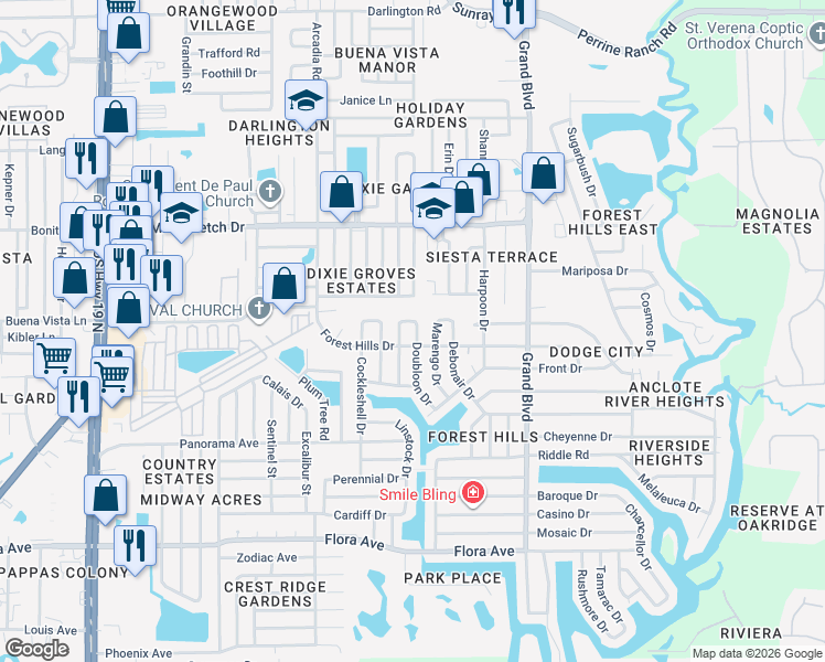 map of restaurants, bars, coffee shops, grocery stores, and more near 1731 Doubloon Drive in Holiday