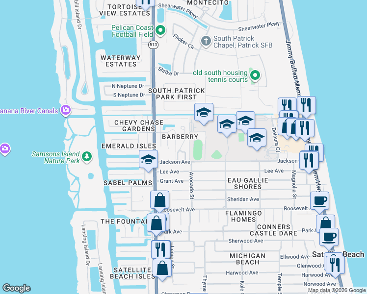 map of restaurants, bars, coffee shops, grocery stores, and more near 61 Sunset Street in Satellite Beach