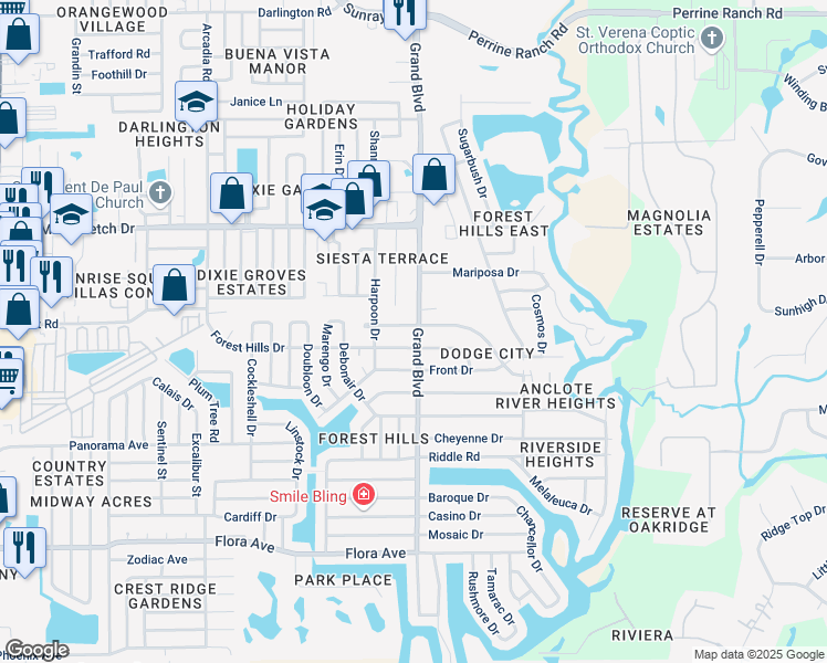 map of restaurants, bars, coffee shops, grocery stores, and more near 1733 Grand Boulevard in Holiday