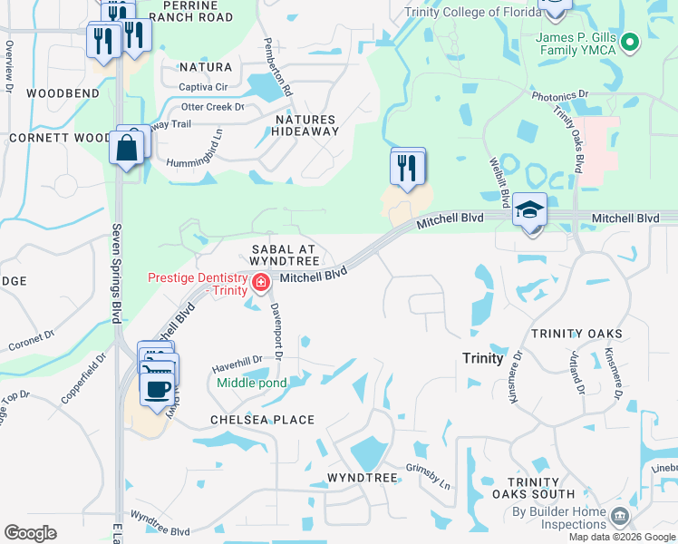 map of restaurants, bars, coffee shops, grocery stores, and more near Road in Trinity
