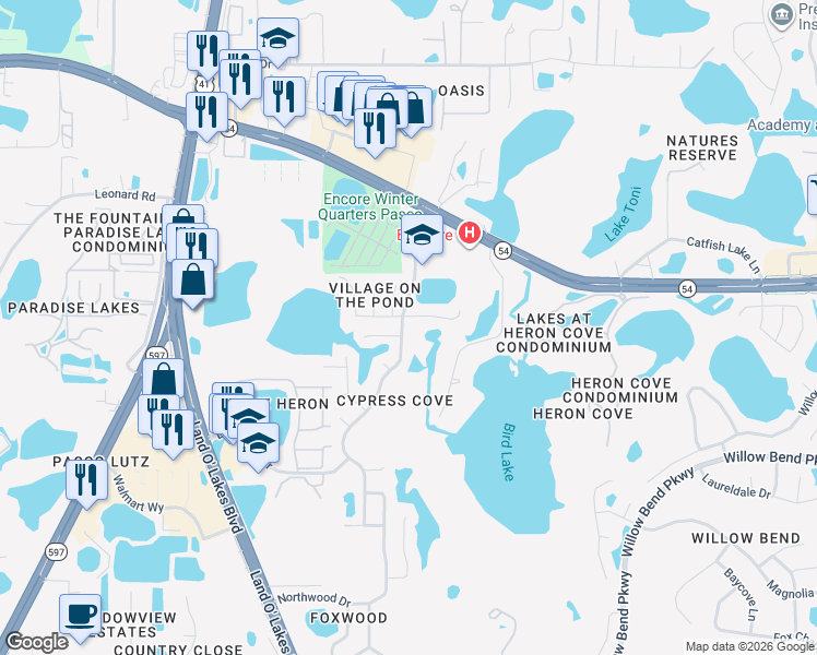 map of restaurants, bars, coffee shops, grocery stores, and more near 1828 Osprey Lane in Lutz