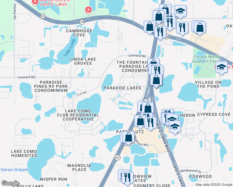 map of restaurants, bars, coffee shops, grocery stores, and more near 1849 Abrico Drive in Land O' Lakes