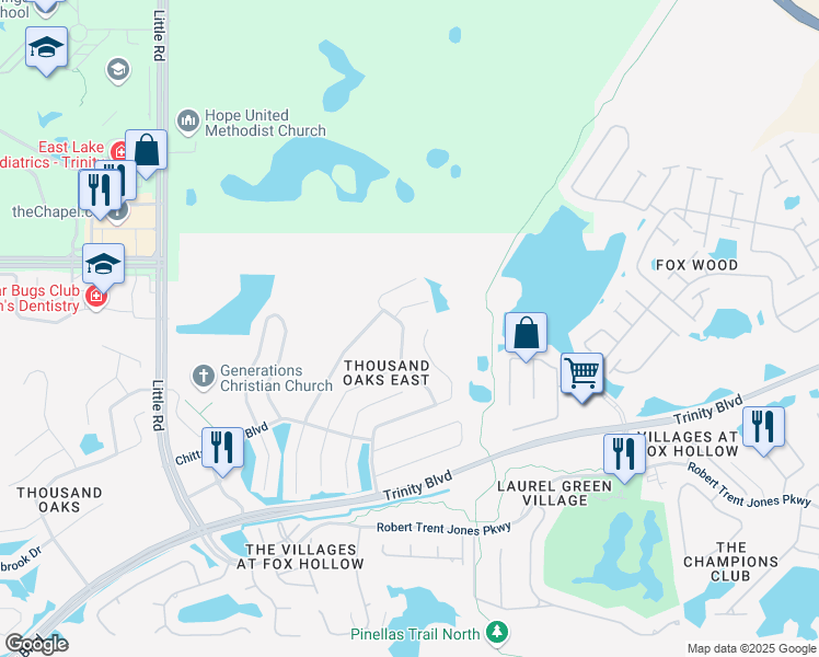 map of restaurants, bars, coffee shops, grocery stores, and more near 1805 Sumac Court in Trinity