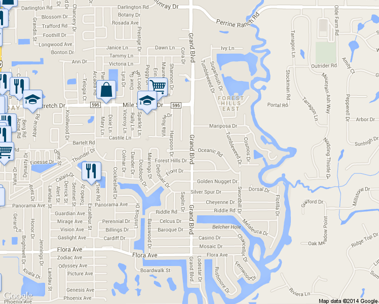 map of restaurants, bars, coffee shops, grocery stores, and more near 1729 Grand Boulevard in Holiday