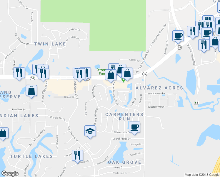 map of restaurants, bars, coffee shops, grocery stores, and more near 1914 Candlestick Court in Lutz