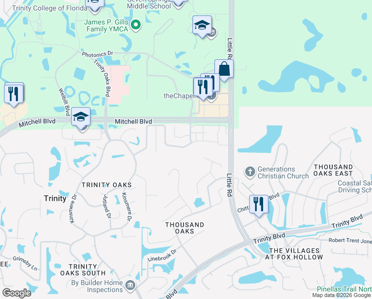 map of restaurants, bars, coffee shops, grocery stores, and more near 8625 Hawbuck Street in Trinity