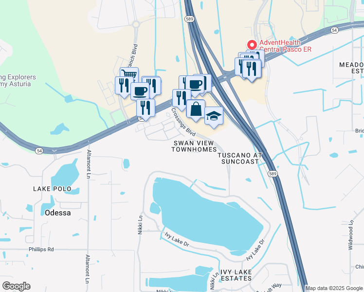 map of restaurants, bars, coffee shops, grocery stores, and more near 16226 Swan View Circle in Odessa