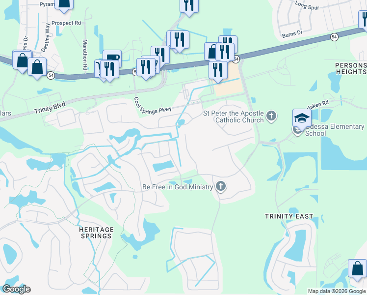 map of restaurants, bars, coffee shops, grocery stores, and more near 1819 Cameron Court in Trinity